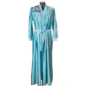 Vintage 1970s 1980s Blue Robe Dressing Nightgown Bath M Medium 8 10 Satin belted